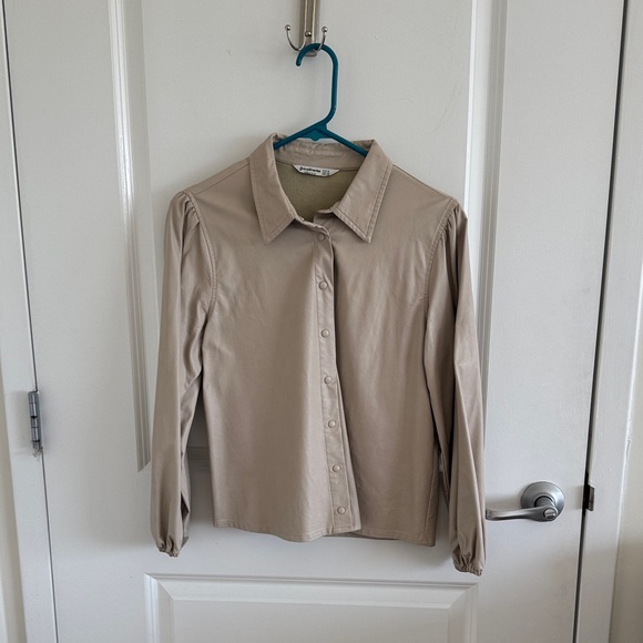 Stradivarius Beige Faux Leather Button-Up Shirt with scrunched sleeves - Picture 1 of 3